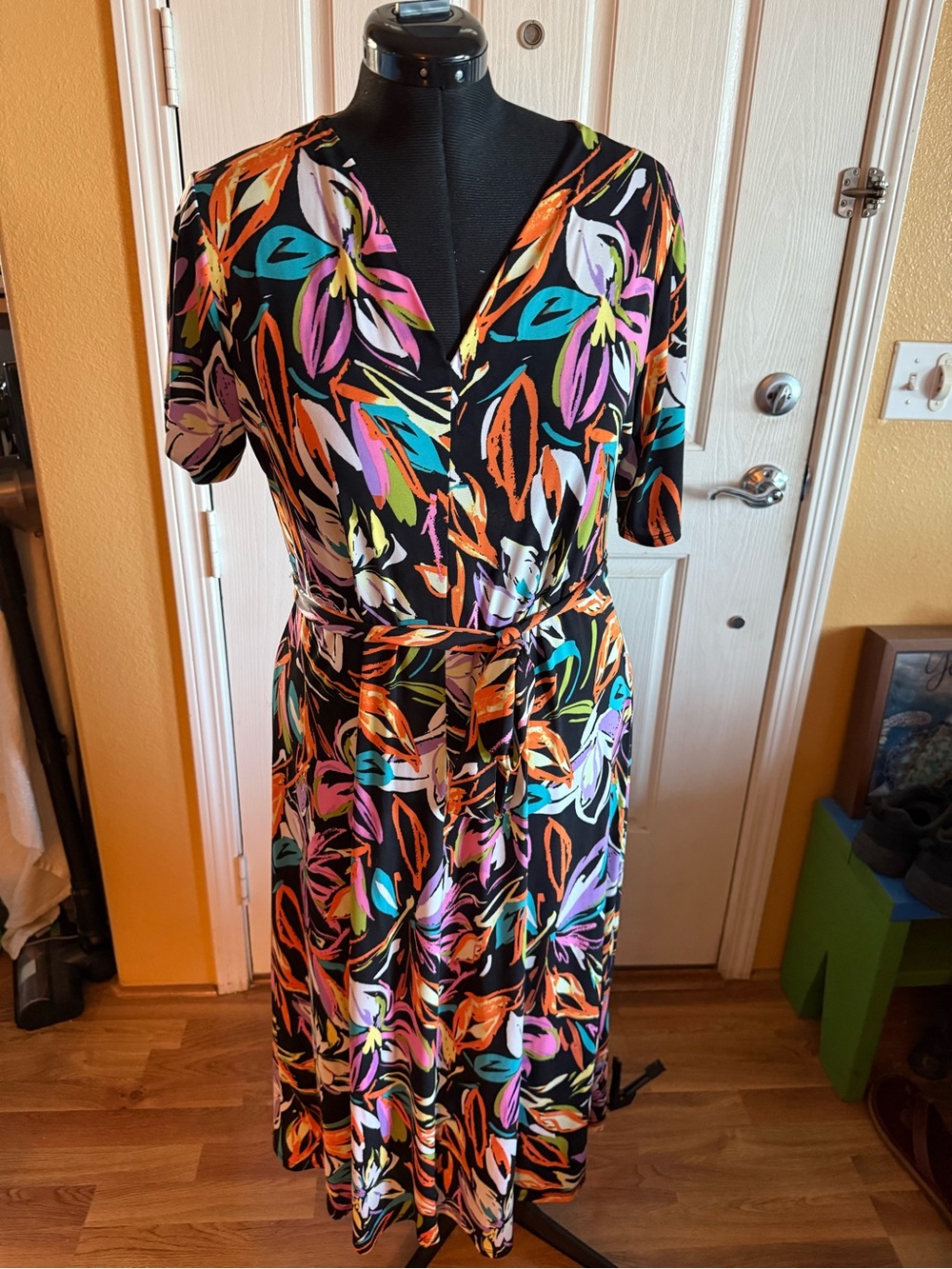 MSK Black Wrap Dress with Multicolor Leaf Motif